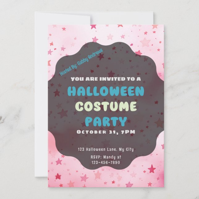 Invitación Halloween moderno con estrellas rosadas súper Boni (Anverso)