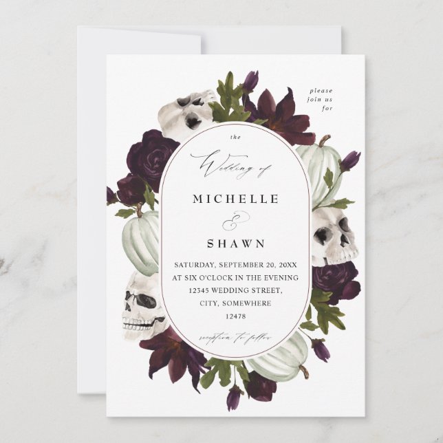 Invitación Halloween Morado Floral y Boda del cráneo Blanco (Anverso)