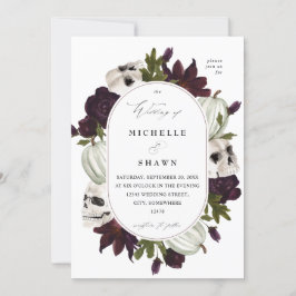 Invitación Halloween Morado Floral y Boda del cráneo Blanco