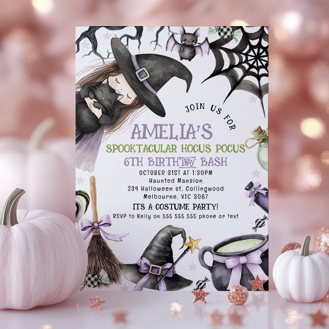 Invitación Halloween Morple Green Little Witch Cumpleaños (Little Witch Halloween Birthday Invitation, Witch Birthday Invitations, Halloween Birthday Invite)