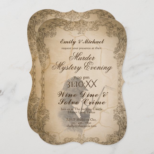 Invitación Halloween Murder Mystery Fiesta Vintage Calligraph (Anverso / Reverso)