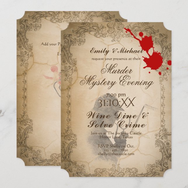 Invitación Halloween Murder Mystery Fiesta Vintage Calligraph (Anverso / Reverso)