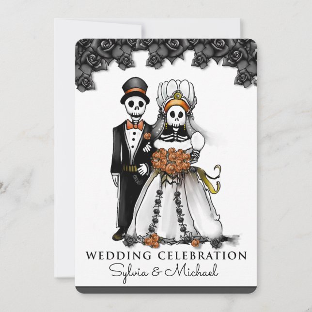Invitación Halloween Naranja blanco negro Pareja de esqueleto (Anverso)