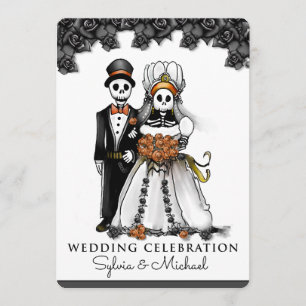 Invitación Halloween Naranja blanco negro Pareja de esqueleto
