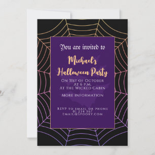 Invitación Halloween, naranja de araña morado negro