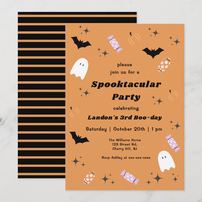 Invitación Halloween naranja de cualquier año Cumpleaños Spoo (Anverso / Reverso)