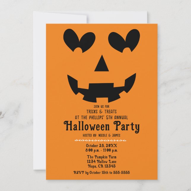 Invitación Halloween naranja y Black Happy Heart Pumpkin (Anverso)