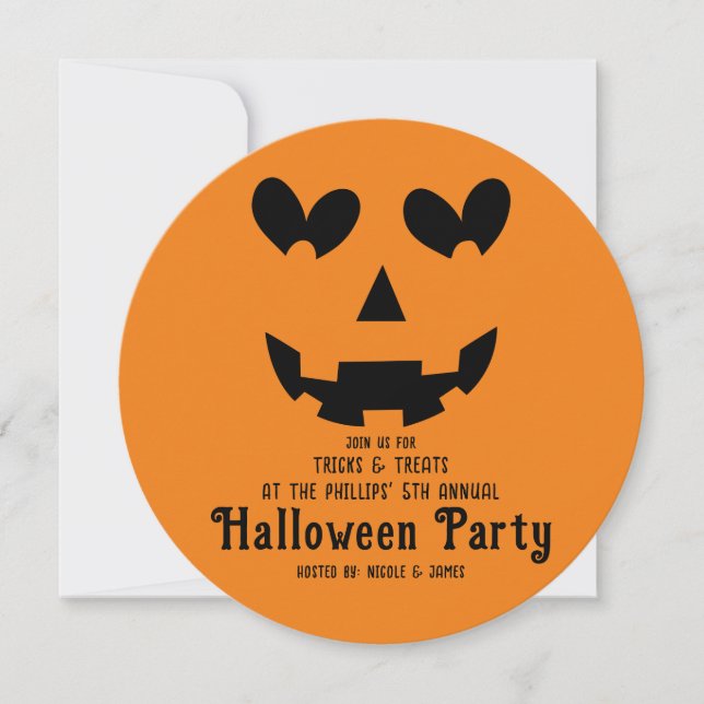 Invitación Halloween naranja y Black Happy Heart Pumpkin (Anverso)