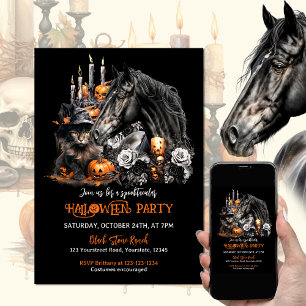 Invitación Halloween negro Caballo negro Gato espeluznante