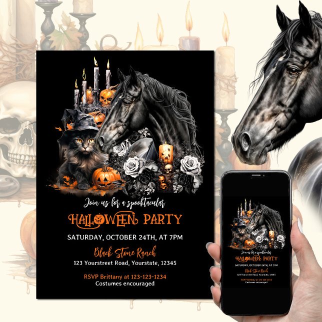 Invitación Halloween negro Caballo negro Gato espeluznante (Horse lover Halloween party invitation with black horse, black cat, pumpkins, candles and black rose)