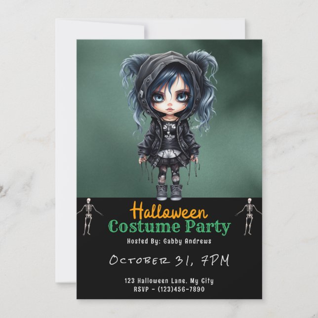 Invitación Halloween negro, Chica gótico súper lindo (Anverso)