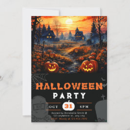 Invitación Halloween negro con calabazas de luna llena en la 
