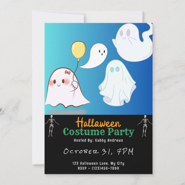 Invitación Halloween negro con cielo azul (Anverso)