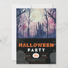 Invitación Halloween negro con cielo rosado de luna llena