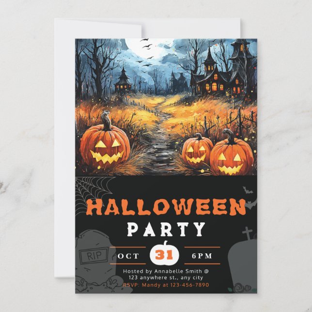 Invitación Halloween negro con luna llena de la casa y murcié (Anverso)