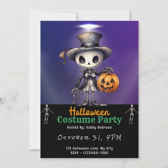 Invitación Halloween negro con sombrero y abalorio (Anverso)