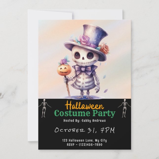 Invitación Halloween negro con sombrero y abalorio (Anverso)