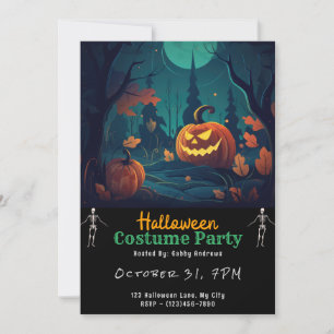 Invitación Halloween negro con una linterna de un bosque trep