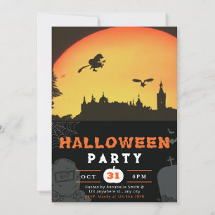 Invitación Halloween negro de la ciudad de la bruja de la lun