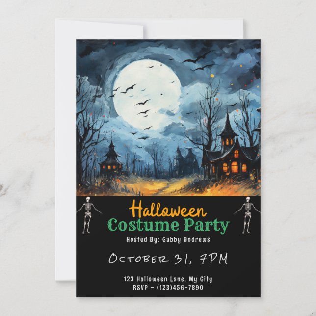 Invitación Halloween negro de la luna llena de la casa perdid (Anverso)