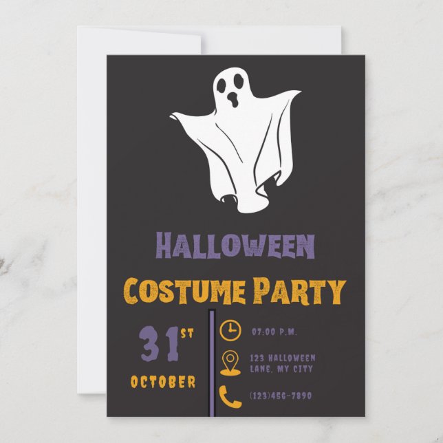 Invitación Halloween negro fantasma blanco simple (Anverso)
