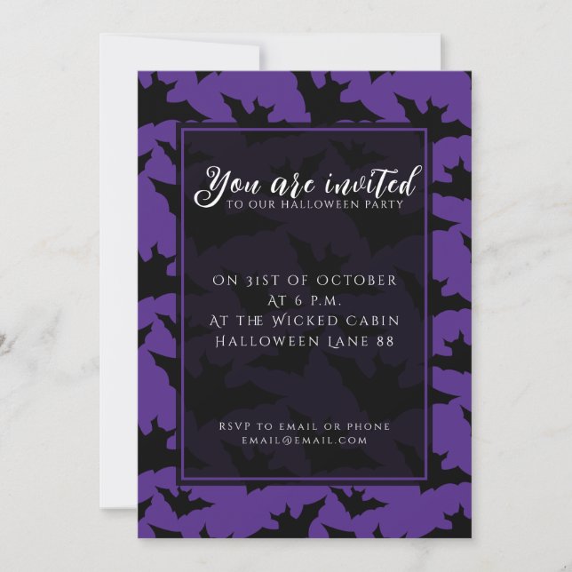 Invitación Halloween negro murciélago morado fresco patrón de (Anverso)