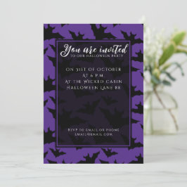 Invitación Halloween negro murciélago morado fresco patrón de