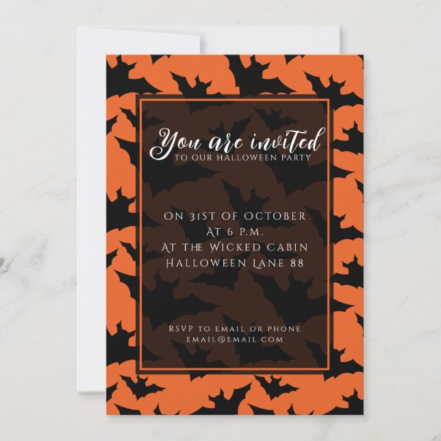 Invitación Halloween negro murciélago naranja fresco patrón d (Anverso)