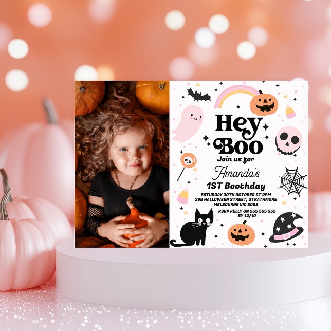 Invitación Halloween Negro Rosa Hey Boo Primer Cumpleaños (Girls Halloween Hey Boo Birthday Invitation Rainbow Halloween Themed 1st Birthday Invitation Ghost)