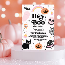 Invitación Halloween negro rosado retro Hey Boo 1er cumpleaño