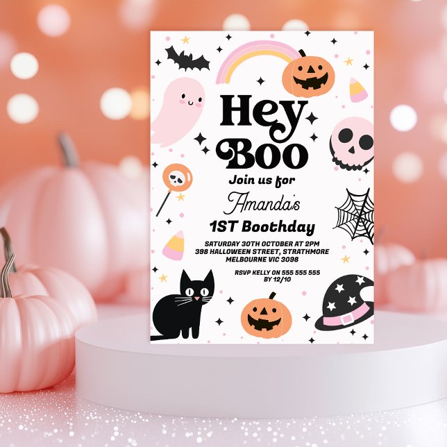 Invitación Halloween negro rosado retro Hey Boo 1er cumpleaño (Hey Boo Halloween 1st Birthday Invitation Black Cat Pink Ghost, Boo Retro Halloween Birthday Girl)
