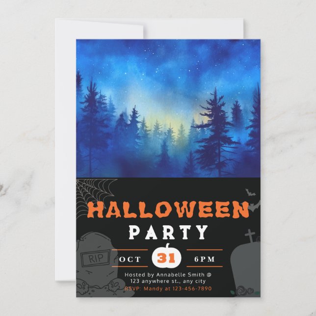 Invitación Halloween negro sobre el bosque azul y la luna (Anverso)