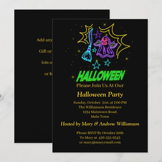 Invitación Halloween Neon Glow Look Purple Ghost Broom Fiesta (Anverso / Reverso)