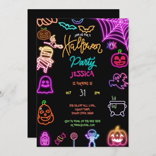 Invitación Halloween Neon Kids Birday Fiesta Glow Dark (Anverso / Reverso)
