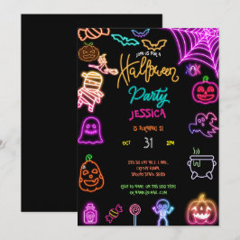 Invitación Halloween Neon Kids Birday Fiesta Glow Dark