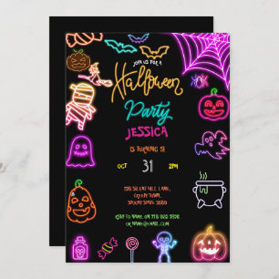 Invitación Halloween Neon Kids Birday Fiesta Glow Dark