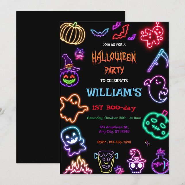 Invitación Halloween Neon Kids Birthday Party Glow Dark  (Anverso / Reverso)