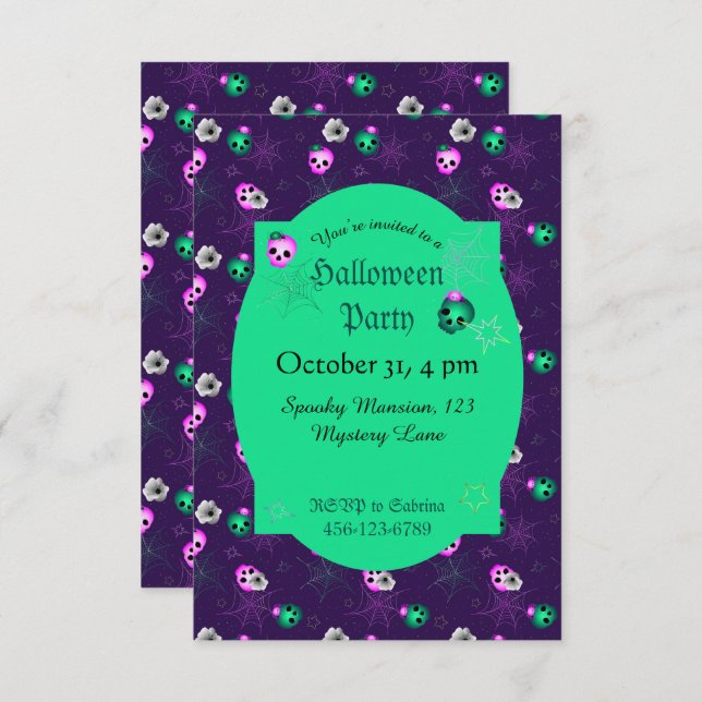 Invitación Halloween Neon Pink and Green GIGHT Skulls Inv (Anverso / Reverso)
