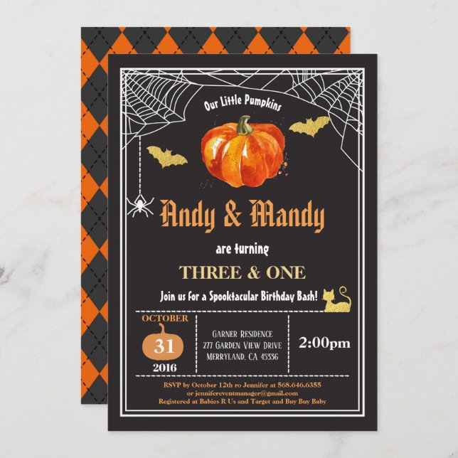 Invitación Halloween niños hermanos fiesta de cumpleaños oro  (Anverso / Reverso)