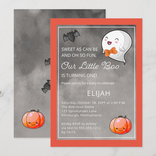 Invitación Halloween Nuestro pequeño fantasma primer cumpleañ (Anverso / Reverso)