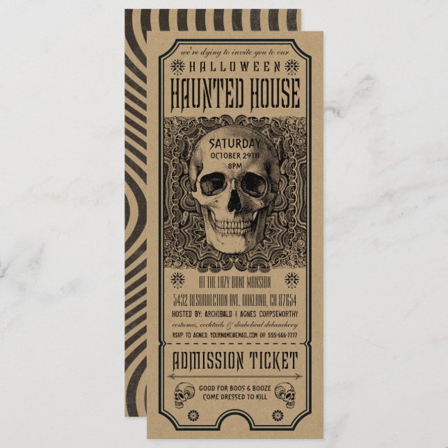 Invitación Halloween obsesionada con boletos de casa (Anverso / Reverso)