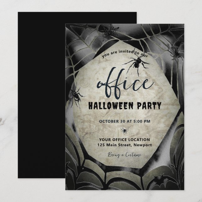 Invitación Halloween Office Fiesta Arañas Empresariales Corpo (Anverso / Reverso)