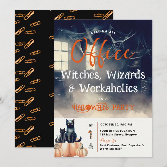 Invitación Halloween Office Fiesta Business Corporate Cats (Anverso / Reverso)