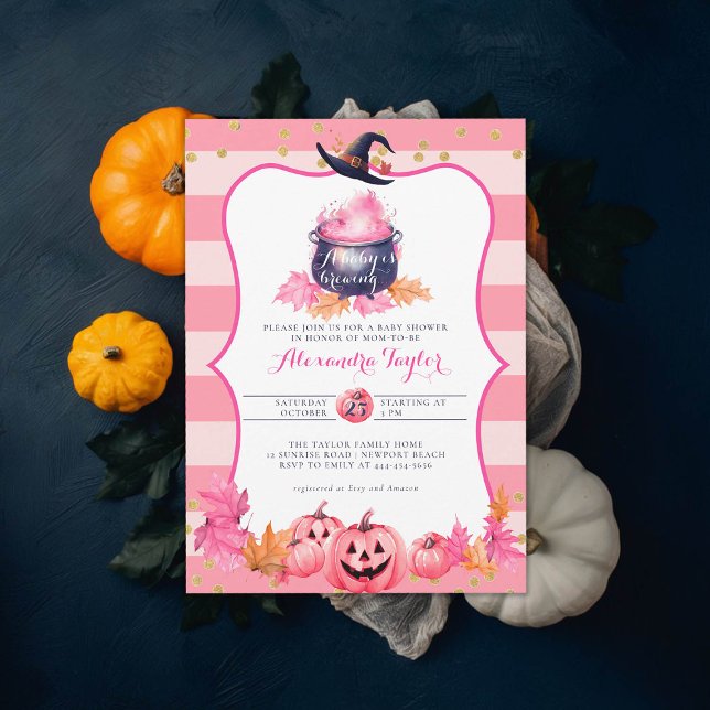 Invitación Halloween otoño calabaza bruja bebé rosa ducha (halloween baby shower witch cauldron pumpkin invitation october novermber fall pink purple)