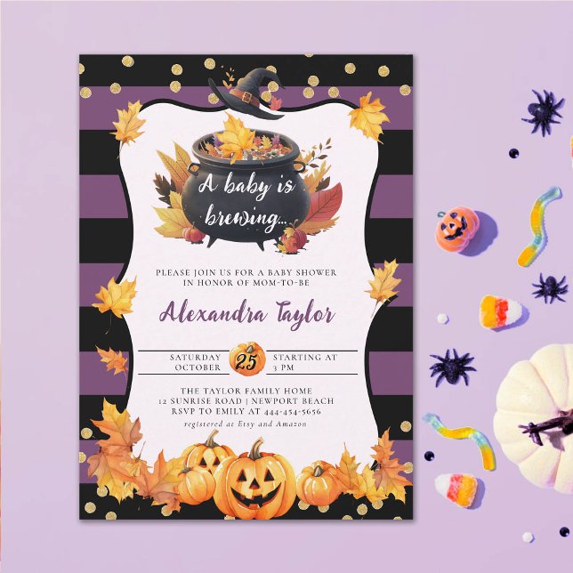 Invitación Halloween otoño calabaza bruja linda bebé ducha (halloween baby shower witch cauldron pumpkin invitation october novermber fall)