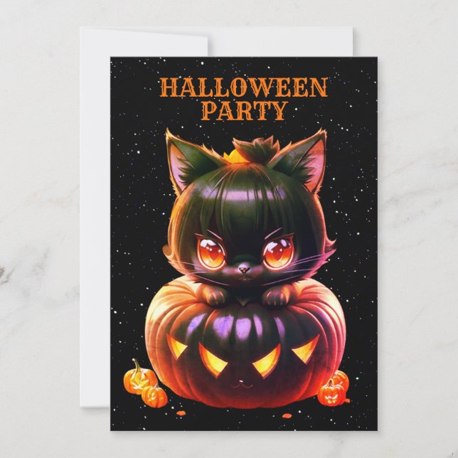 Invitación Halloween Party Black Cat Pumpkin Horror (Anverso)