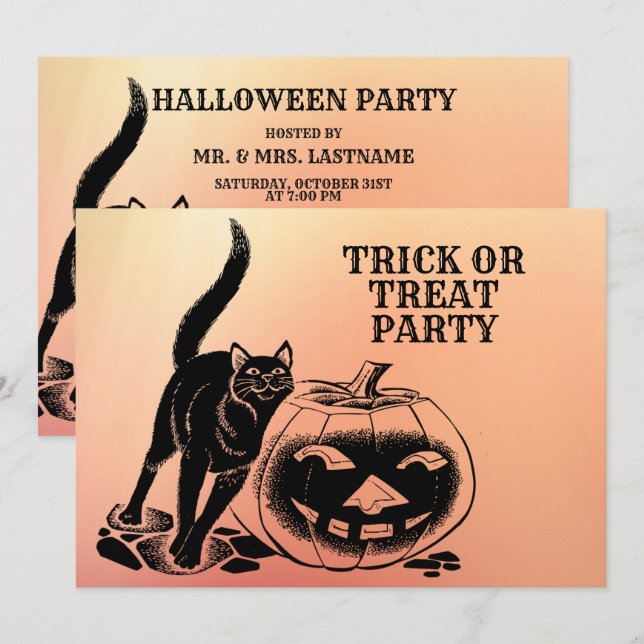 Invitación Halloween Party Black Cat Pumpkin Naranja Scary (Anverso / Reverso)