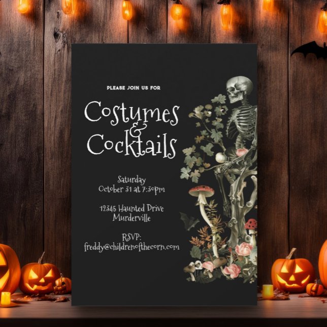 Invitación Halloween Party Black Costume & Cocktails Floral (Subido por el creador)