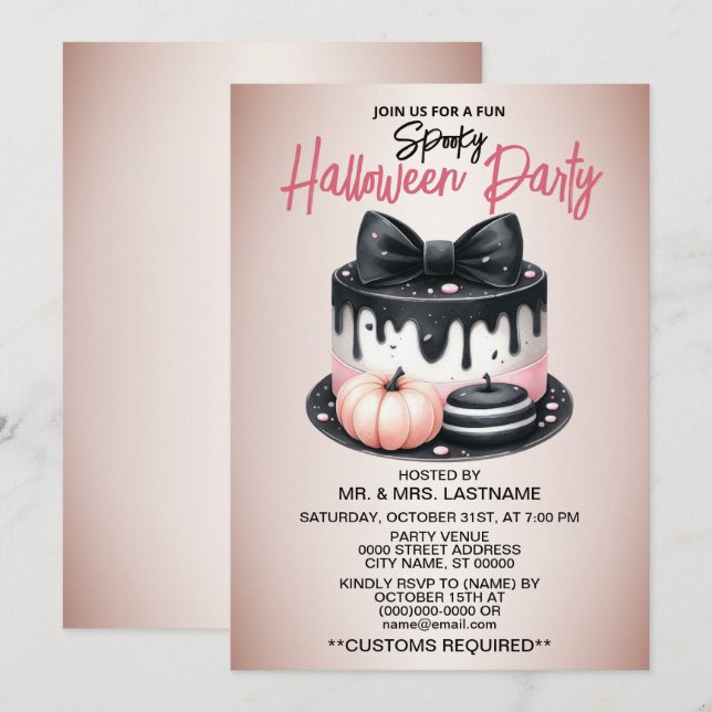 Invitación Halloween Party Black Pink Cake Treoky (Anverso / Reverso)