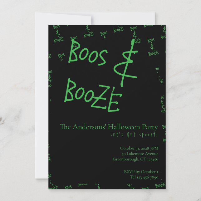 Invitación Halloween Party Boos and Booze Green Black (Anverso)